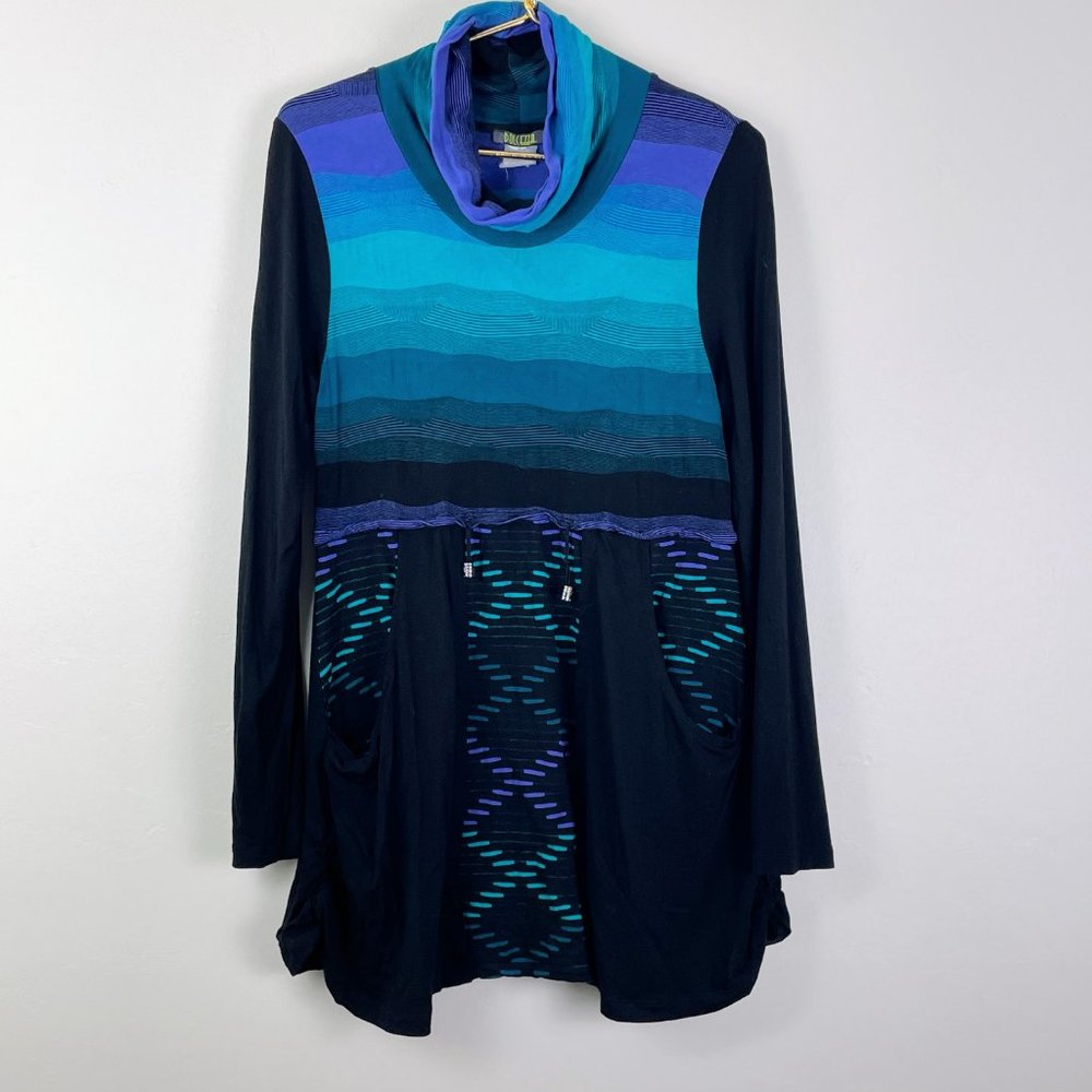 Dolcezza Black, Purple, Turquoise Cowl Neck Long Sleeve Drawstring Waist Top